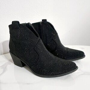 Black Rhinestone Western Style Ankle Bootie